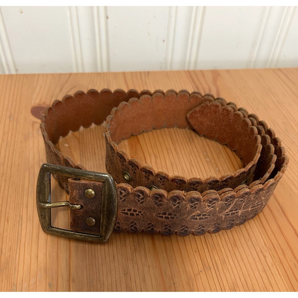 Gap Womens XL Brown Leather Belt Made in Italy Scalloped Tooled Boho Western